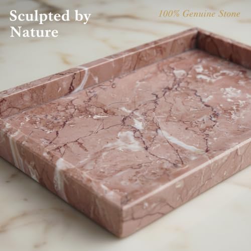 Real Natural Marble Tray 12x8 Inch, Genuine Pink Stone Vanity Organizer for Bathroom, Kitchen Counter & Dresser, Non-Slip Decorative Storage Tray for Perfume, Jewelry, Keys & Coffee Table - Image 2