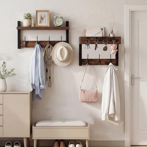 Wall Coat Rack with Shelf & Mail Organizer, Entryway Rustic Brown - Image 2