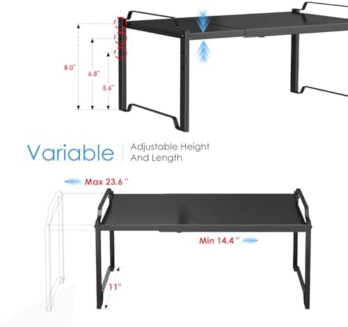 2 Pack 11” Depth Expandable Kitchen Cabinet Organizer Shelves, Metal Kitchen Countertop Organizers and Storage Shelving, Heavy Duty Stackable Storage Rack Shelf For Pantry Cupboard Counter Tabletop - Image 2