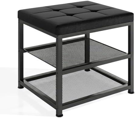 Small Shoe Storage Bench with PU Leather Seat Cushion, 3-Tier Freestanding Shoe Rack Organizer for Entryway, Heavy-Duty Metal Mesh Shelves, Supports Up to 300 lbs, Black (15.7"x11.4"x17.5") by Dreamdashio