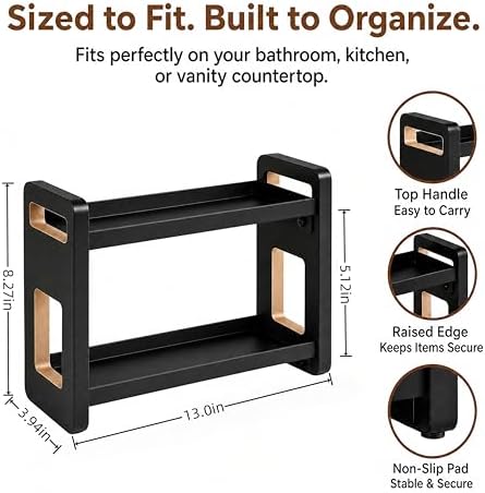 Narrow Solid Wood Bathroom Counter Organizer, Space-Saving Bathroom Storage Rack for Vanity, Multi-Purpose Kitchen Spice Rack & Bedroom Makeup Organizer (Black 2 Tier, 2 Pack) - Image 2