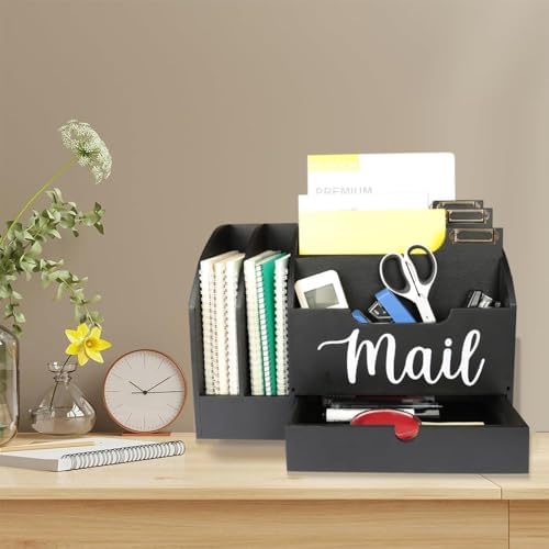 Wood Desk Organizer, Mail Organizer Countertop with Drawer, Black - Image 4
