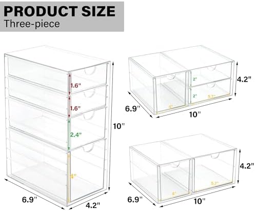 Prsildan Acrylic Drawer Makeup Organizer with 9 Drawers, Set of 3 Office Desk Organizers Accessories, Clear Stackable Storage Drawers for Vanity, Countertop, Craft, Jewelry, Art Supply Organization - Image 3