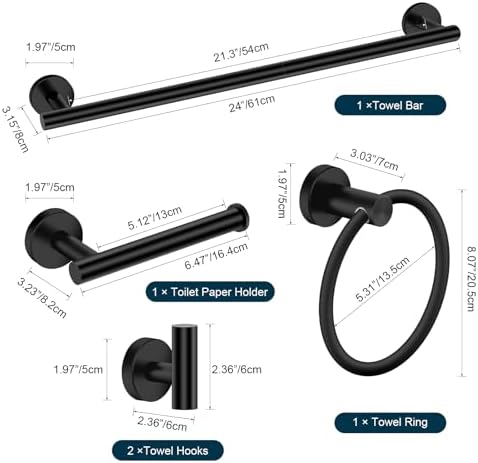 Matte Black Bathroom Hardware Set, Modern 24-Inch Towel Bar Set Wall Mounted, Towel Rack Set Black,Stainless Steel Bathroom Accessories Set Black,5-Pieces - Image 7