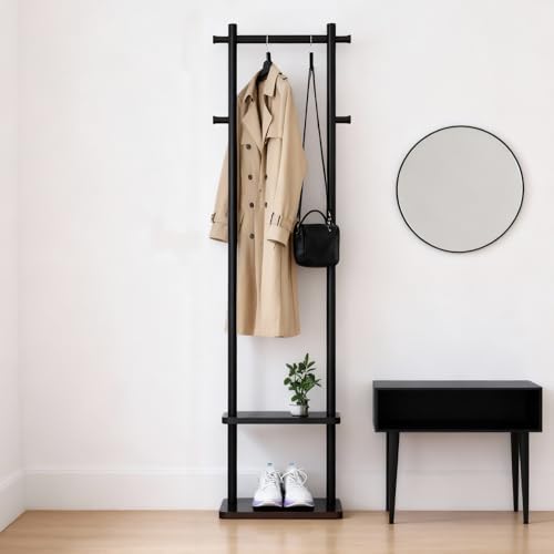 Coat Rack,Freestanding Hall Tree for Entryway Home Bedroom Office,Sturdy Wooden Coat Hanger Stand for Clothes Jacket Hats Bags(Black) by GZQXHOME