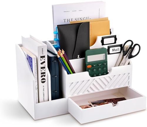 Wood Mail Organizer Countertop, 6 Compartments with Drawer, White by Niciksty