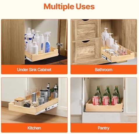VEVOR Pull Out Cabinet Organizer, 14"W x 21"D Cabinet Drawer, Soft Close Slide out Shelf, Heavy-Duty Sliding Wood Drawer, Bottom Mount Size（14.5"W x 23"D）and Side Mount Size（15"W x 23"D） - Image 6