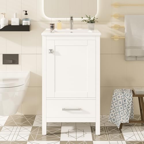 Harper & Bright Designs 20" Bathroom Vanity with Sink, Free Standing Single Vanity Set with One Divider Drawer, and Door Storage Shelf, Wooden Storage Cabinet with Ceramic Basin for Bathroom, White - Image 3