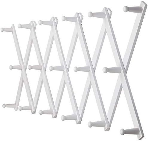Dseap Accordian Wall Hanger: 16” High Wooden Wall Expandable Coat Rack, Hat Rack Holder, Accordion Hook for Baseball Caps, Coats, Mugs, 17 Peg Hooks, White by Dseap