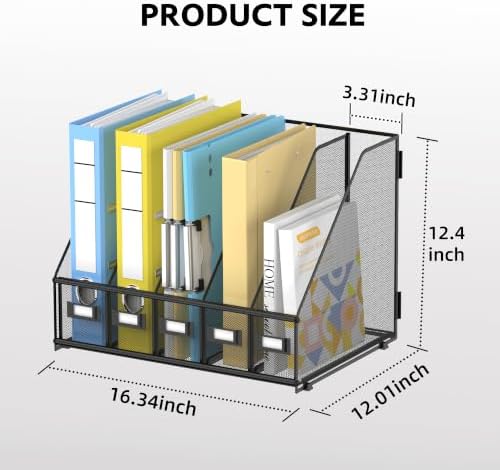 5 Vertical Compartments Magazine File Holder, Metal Binder Organizer, Black - Image 2