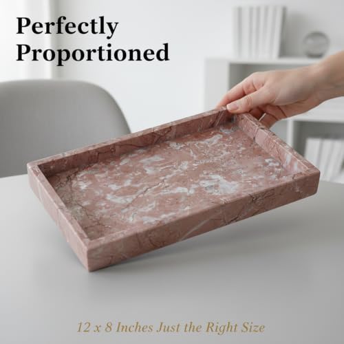 Real Natural Marble Tray 12x8 Inch, Genuine Pink Stone Vanity Organizer for Bathroom, Kitchen Counter & Dresser, Non-Slip Decorative Storage Tray for Perfume, Jewelry, Keys & Coffee Table - Image 3