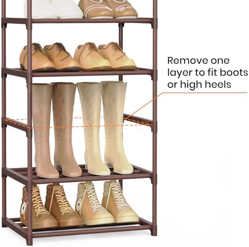 Tall 10 Tier Shoe Rack - 20-24 Pair Storage, Sturdy Metal Shoe Organizer with Hooks for Closet, Entryway, Brown - Image 5
