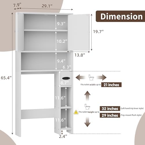 Shintenchi Over the Toilet Storage Cabinet, Bathroom Storage Cabient with Barn Doors, Bathroom Storage Shelf Organizer with Toilet Paper Holder, Adjustable Shelf and Anti-Tip Device, White - Image 2