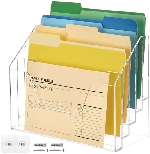 DINGHUO 5 Tier Acrylic Desk Office Wall File Organizer, Clear Wall Mounted File Holder, Magazine Rack Hanging File Organizer (Adhesive Hooks x 2) by DINGHUO
