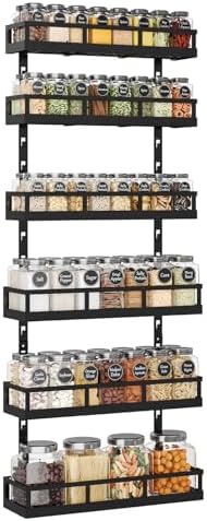X-cosrack 6-Tier Wall-Mounted Spice Rack Organizer with Mixed Basket Sizes, Height-Adjustable Hanging Spice Shelf for Kitchen Pantry Cabinet, Large-Capacity Seasoning Holder, Black by X-cosrack