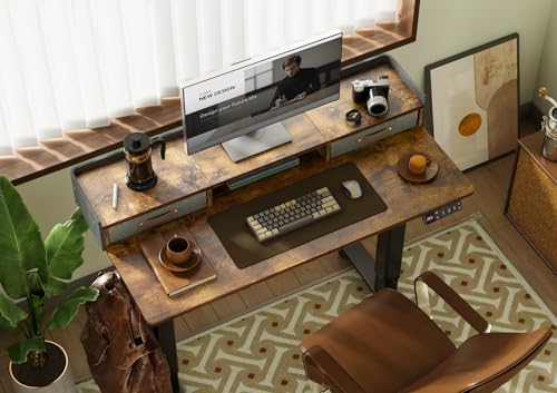 Claiks Standing Desk with Drawers & Wheels, 2 Height Shelf 40" Rustic Brown - Image 2
