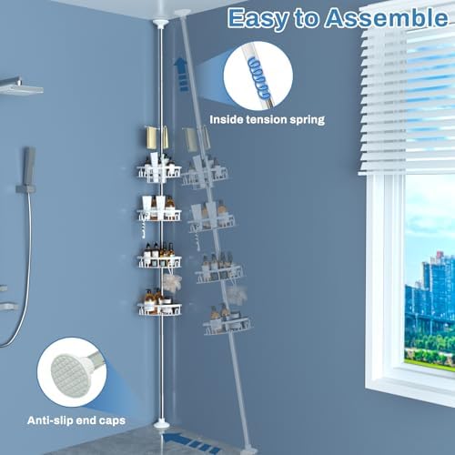 Rustproof Shower Corner Caddy Shelf for Bathroom Tension Pole Organizer with 4 Baskets for Bathtub Shampoo Storage from 23.6 to 114.5 Inch with Towel Bar (Silver) - Image 7