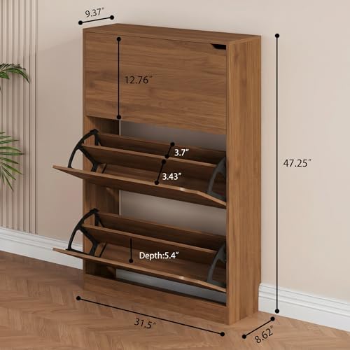 Shoe Storage Cabinet, Wood Shoe Organizer for Entryway with 3 Flip Drawers, Freestanding Shoe Rack with Adjustable Shelf, Narrow Shoe Dresser for Front Door Entrance (Walnut, Standard 3 Drawers) - Image 2
