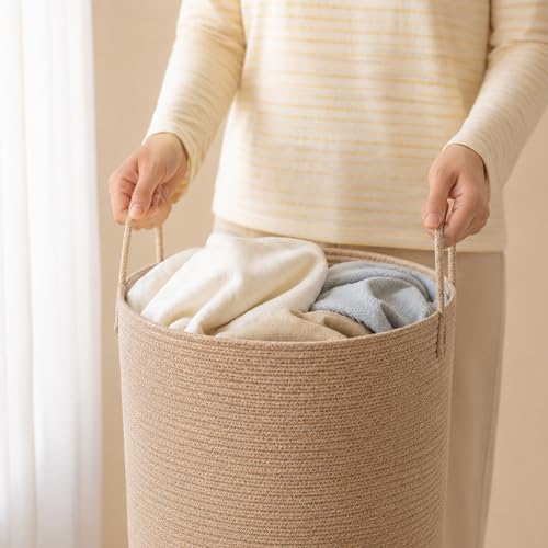 Large Woven Laundry Basket Hamper 80L Cotton Rope Storage Bin Tall Laundry Hamper for Blanket Toy and Clothes Living Room,Baby Nursery,Bathroom, Brown - Image 7