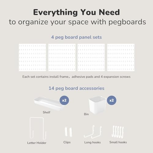 Keepo Peg Board Wall Organizer – Plastic Pegboard Panels, Modular Peg Board Storage System For Home Office, Craft Room, Gaming Setup (White, 22″×22″) - Image 3