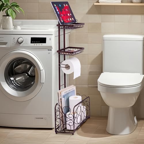 Oasis Creations Toilet Paper Holder Tissue Rack Stand with Magazine Toilet Roll Storage Basket- Freestanding, Bronze Metal - Image 5
