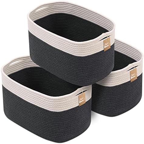 CHAT BLANC Cotton Rope Baskets for Organizing, Shelves, Toys, Storage, Shoe, Bathroom, Laundry, Towel, Nursery, Home Decor, Blanket, Cloth Woven Bins Fabric (Creamy White & Graphite, 15"x10"x9") by CHATBLANC