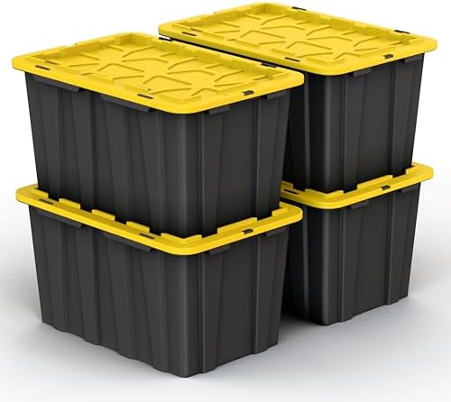 4 PACK of 17 Gallon Large Black & Yellow Storage Bins | Plastic Tote Organizing Container with Secure Latching Lids, Stackable, Extra Strength with Built in Handle | 24.5" x 16.5" x 13.5" by OurModernSpace
