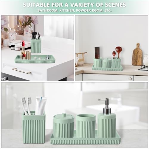 XLHOMO Resin Light Green Bathroom Accessories Set 5 Pcs, Lotion Soap Dispenser, Toothbrush Holder, Bathroom Tumbler, Qtip Holder and Vanity Tray, Bathroom Countertop Organizer Set for Modern Apartment - Image 6