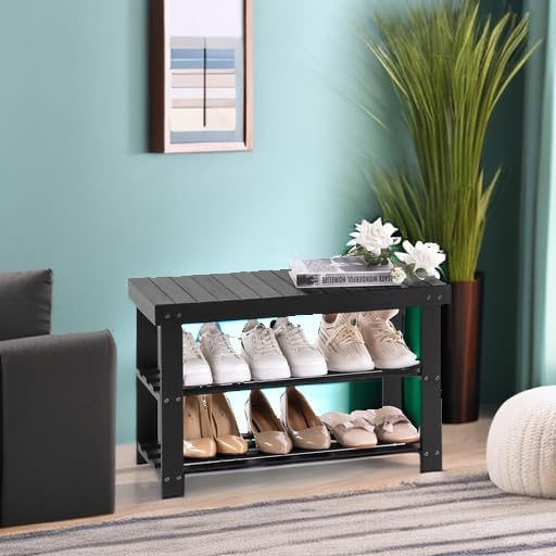 Apicizon Bamboo Shoe Rack Bench, 3-Tier Entryway Organizer, Black - Image 5