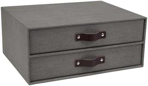 Bigso Birger 2-Drawer Canvas Fiberboard Easy Pull Handle Document Letter Box | Desktop Drawers for Loose Papers and Documents | Desktop Storage Drawers with Leather Handles | 13.1” x 10” x 5.7” | Grey by Bigso