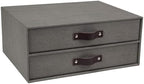 Bigso Birger 2-Drawer Canvas Fiberboard Easy Pull Handle Document Letter Box | Desktop Drawers for Loose Papers and Documents | Desktop Storage Drawers with Leather Handles | 13.1” x 10” x 5.7” | Grey by Bigso