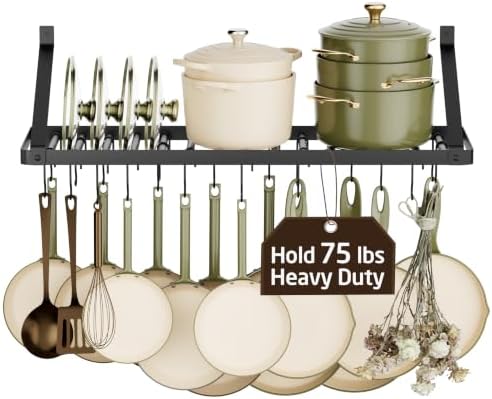 KES 75 lb High-Capacity Pot Rack Wall Mounted with Pot Lid Holder 34 Inch by KES