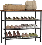 4-Tier Metal Shoe Rack with Wood Top - Durable & Space-Saving Shoe Organizer,Industrial Shoe Organizer Shelf Bench Storagefor Closet Entryway, Bedroom & Hallway - Bronze+Black 28.5 W × 25.5" H by Glynym
