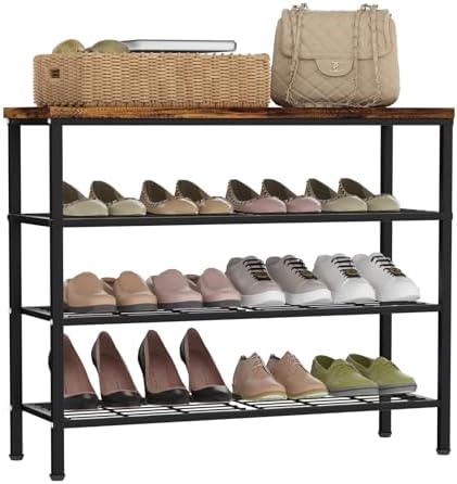 4-Tier Metal Shoe Rack with Wood Top - Durable & Space-Saving Shoe Organizer,Industrial Shoe Organizer Shelf Bench Storagefor Closet Entryway, Bedroom & Hallway - Bronze+Black 28.5 W × 25.5" H by Glynym