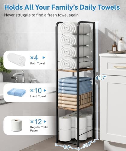 KIMBORA Narrow Towel Storage for Bathroom, 3-Tier Free Standing Bathroom Towel Rack Organizer with Shelf for Small Bath, Pool, Brown - Image 3