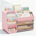 Desk Organizer with Pen Pencil Holder, Pen Organizer with 2 Drawers & 4 Compartments, Desktop Organizers and Storage for Office Home School Art Supplies (Pink) by ZZFENGKR