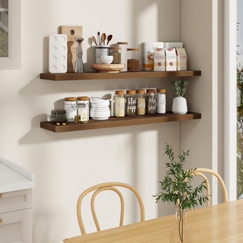 55 Inch Long Floating Shelves for Wall Set of 2, 55x9.3 Large Floating Shelf for Bedroom, Kitchen, Bathroom, Wall Mounted Rustic Wood Shelves with Invisible Bracket for Books, Decor, Walnut - Image 2