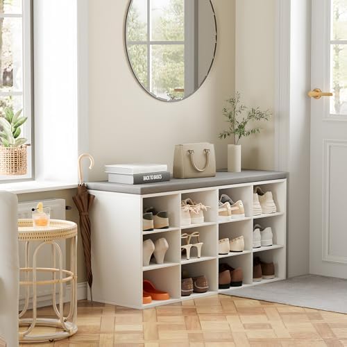 Aenuert 12-Cubby Shoe Rack with Cushion, 3-Tier Wood Shoe Organizer, Multifunctional Shoe Organizer Bench for Entryway, Mudroom, Hallway, Closet,36.22 * 11.81 * 17.7 Inch, White - Image 4