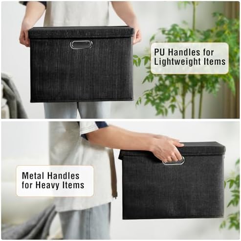 Roobyl 17" Large Fabric Storage Box with Lids, 3-Pack, Black - Image 3
