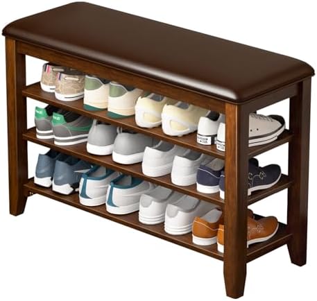 Taitiy Shoe Bench with 3 Tier Adjustable Shelves Rubberwood Entryway 31.5'' by Taitiy