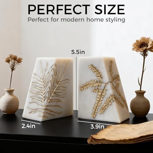Heavy Duty Book Ends for Shelves, Decorative Book Ends for Heavy Books, Resin Modern Bookends with Marble Texture & Gold Botanical Detail, Minimalist Bookends for Home Decor, Set of 2 - Image 3