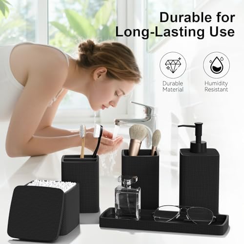 Matte Black Bathroom Accessories Set 5 Pieces, Resin Toothbrush Holders Set Complete with Soap Dispenser, Toothbrush Holder, Vanity Tray, Bathroom Tumbler and Qtip Holder for Small Spaces - Image 3