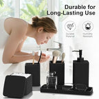 Matte Black Bathroom Accessories Set 5 Pieces, Resin Toothbrush Holders Set Complete with Soap Dispenser, Toothbrush Holder, Vanity Tray, Bathroom Tumbler and Qtip Holder for Small Spaces - Image 3