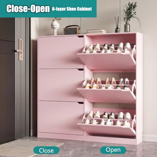 Xixini Shoe Storage Cabinet for Entryway with 6 Flip Drawers, Sturdy Wood Hidden Shoe Storage, Freestanding Narrow Slim Shoe Organizer for Front Door Entrance, Living Room, Hallway, Bedroom, Pink - Image 3