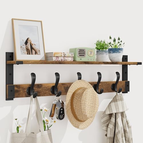Homode Coat Rack Wall Mount, 29 Inch Long Shelf with Hooks, Rustic Brown by Homode