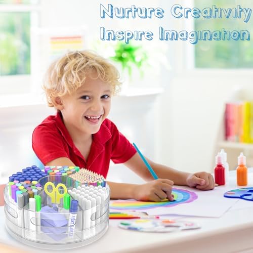 Acrylic Marker Organizer, 360 Degree Rotating Pencil Organizer with 7 Removable Compartments, Clear Crayon Organizers for Kids, Large Pencil Holder Desk for Office Home School - Image 2