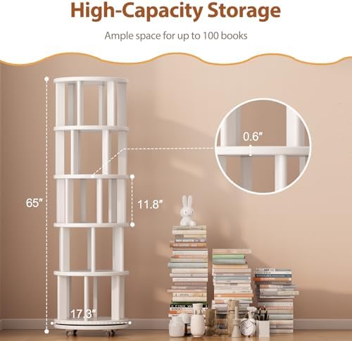 Muwuele 5 Tier Solid Wood Rotating Bookshelf Tower on Wheels, White - Image 2