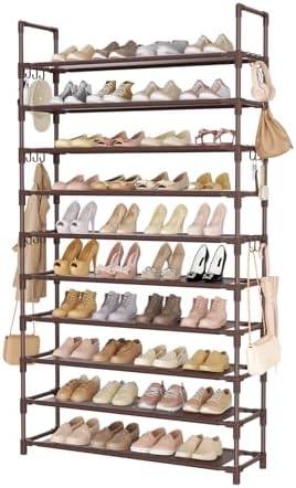 LANTEFUL Tall Shoe Rack 10 Tier Shoe Organizer Large Shoe Shelf with 18 Hooks Storage for 50 Pair Sneaker and Boot, Stackable Vertical Shoe Rack Organizer for Closet, Entryway, Bedroom, Brown by LANTEFULforTidyingHouse