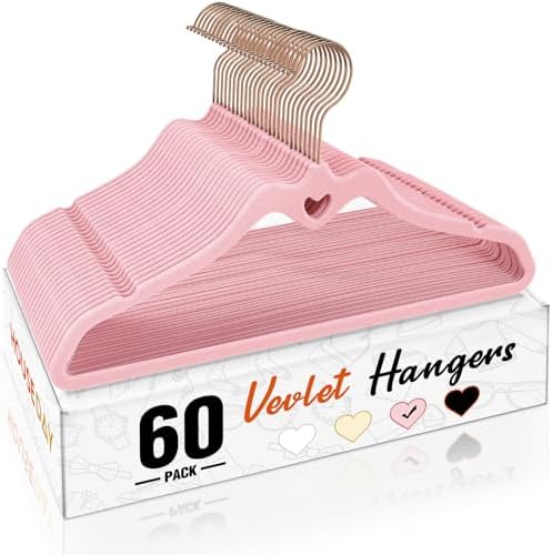 HOUSE DAY Pink Velvet Hangers 60 Pack, Non Slip Flocked Felt Hangers, Sturdy Velvet Clothes Hanger, Cute Heart Heavy Duty Coat Hanger, Ultra Slim Pink for Closet Space Saving by HOUSEDAY