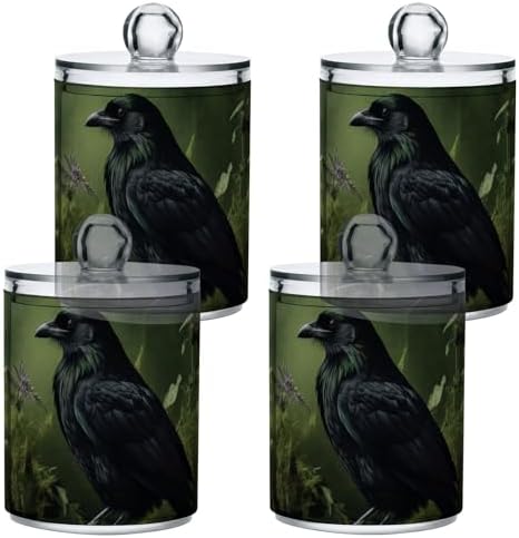 Qtip Cotton Ball Holder Dispenser with Lid, Raven Book Flower Print Plastic Jars Bathroom Canisters Storage Organizer 4 Pack - Image 2